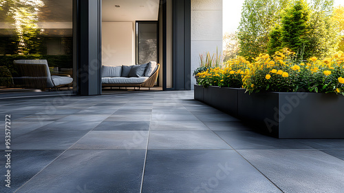 A telephoto angle photo of large format porcelain paving slabs with a sleek, modern finish, arranged to form a stylish and contemporary patio, with copy space photo