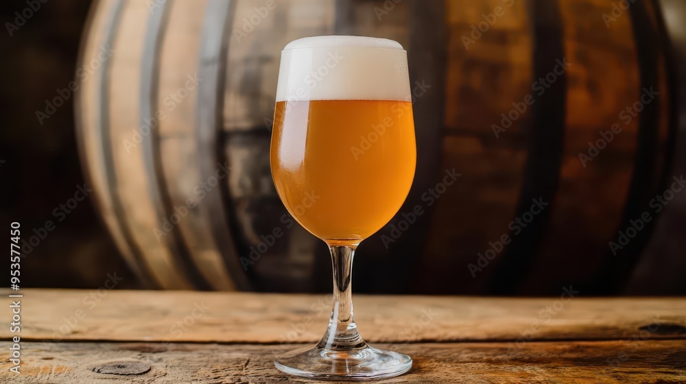 A single beer glass on a wooden table, with a large Oktoberfest barrel looming behind A single beer glass on a wooden table, with a large Oktoberfest barrel looming behind