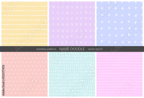 Hand drawn naive style seamless patterns with stripes, doodle daisies, hearts, triangles, oval scribbles, shapes