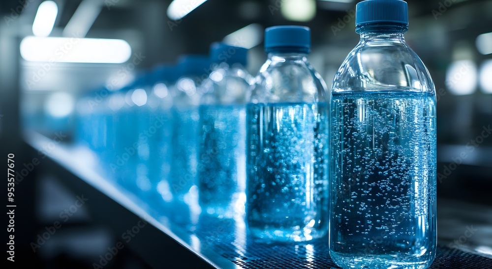 A close-up row of bottles of pure filtering water in an advanced laboratory A bottle of clear. which emphasizes purity for industrial use. Ideal illustration of desalination and clean water technology A close-up row of bottles of pure filtering water in an advanced laboratory A bottle of clear. which emphasizes purity for industrial use. Ideal illustration of desalination and clean water technology