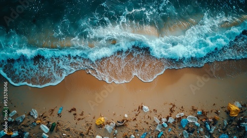 Aerial view of a polluted beach with plastic waste scattered along the shore photo