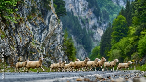 Flock of Sheep Crossing a Mountain Road in a Scenic Valley
