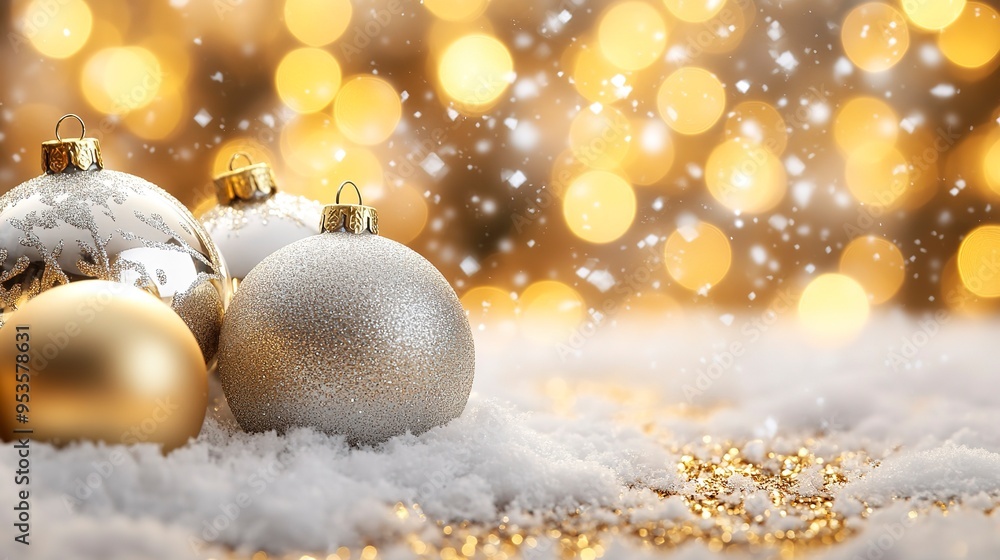 Festive Baubels with Snow and Golden Bokeh. Luxury Gold and Silver Christmas Background. Festive Baubels with Snow and Golden Bokeh. Luxury Gold and Silver Christmas Background.