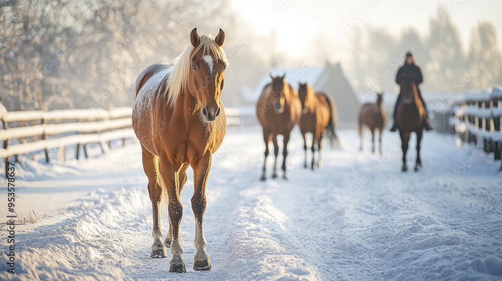 Horses walking through a snowy field on a bright winter morning Horses walking through a snowy field on a bright winter morning