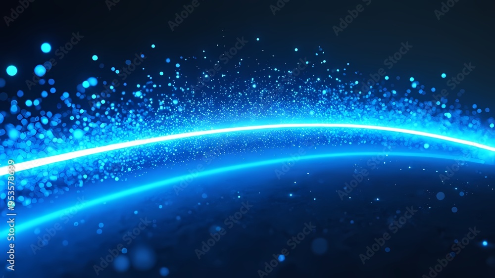 Obraz premium High-Speed Arc of Neon Blue Light with Glowing Particle Trail in Dark Futuristic Setting