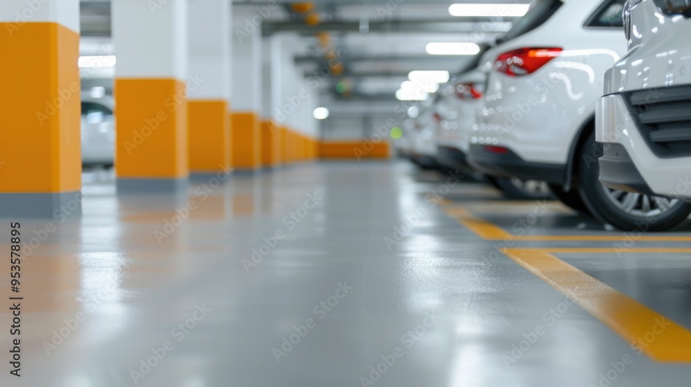 Futuristic smart parking garage interior with automated guidance system and deep depth of field showcasing the modern efficient and technologically advanced parking infrastructure Futuristic smart parking garage interior with automated guidance system and deep depth of field showcasing the modern efficient and technologically advanced parking infrastructure