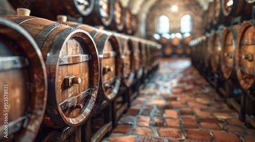 Rows of wine barrels in a wine cellar photo