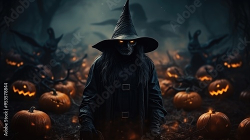 Spooky Halloween Witch in Dark Forest Surrounded by JackO'Lanterns at Night