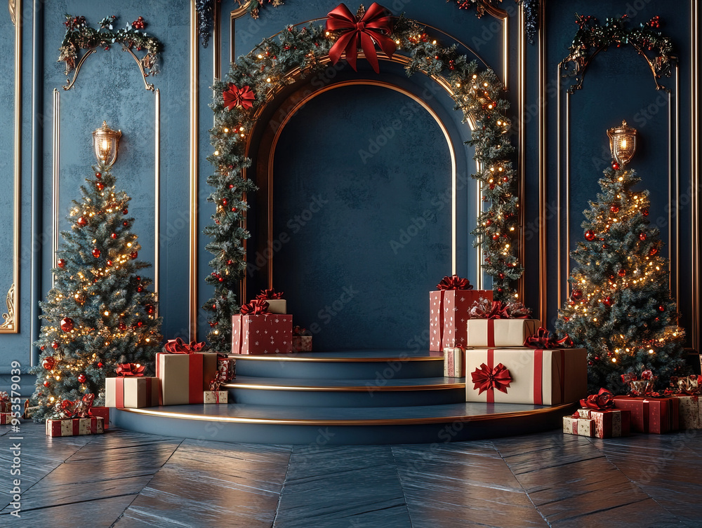 Central empty 3D podium surrounded by a Christmas charity drive, with a portion of proceeds donated to good causes. The setting includes festive decor, donation boxes, and holiday cheer. Central empty 3D podium surrounded by a Christmas charity drive, with a portion of proceeds donated to good causes. The setting includes festive decor, donation boxes, and holiday cheer.