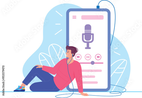 Podcast listening. Music or audio online stream
