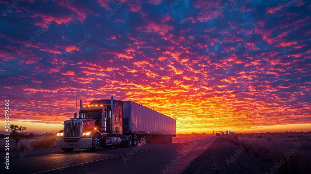 Truck driving on a highway at sunset with a colorful sky overhead Truck driving on a highway at sunset with a colorful sky overhead