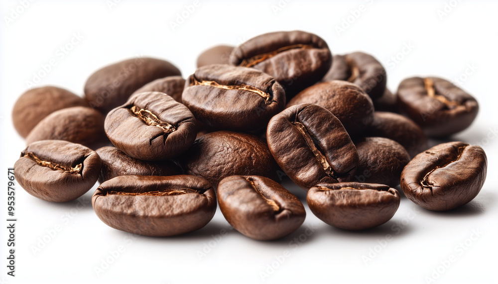 Freshly roasted coffee beans arranged on a white surface, showcasing their rich color and texture in natural light Freshly roasted coffee beans arranged on a white surface, showcasing their rich color and texture in natural light