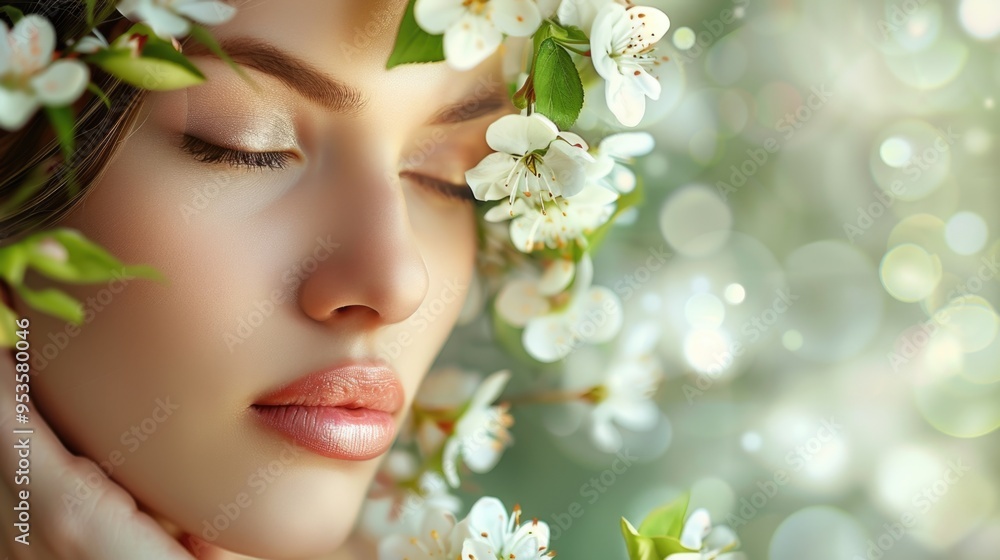 Serene Woman with Closed Eyes Surrounded by Blossoming Flowers in Sunlit Spring Garden Serene Woman with Closed Eyes Surrounded by Blossoming Flowers in Sunlit Spring Garden