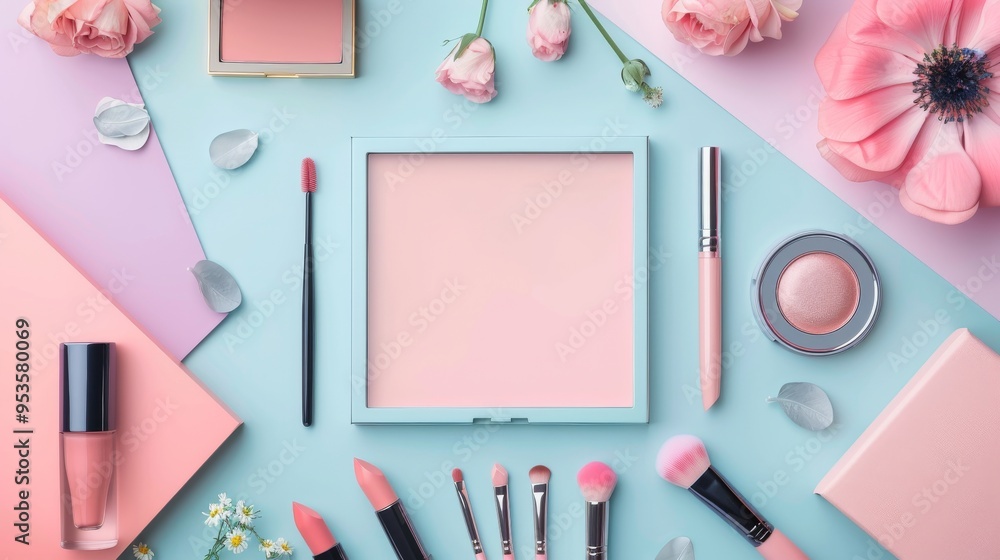 Aesthetic flat lay of various cosmetics with a blank frame, ideal for beauty and makeup themes, on a pastel colored background Aesthetic flat lay of various cosmetics with a blank frame, ideal for beauty and makeup themes, on a pastel colored background
