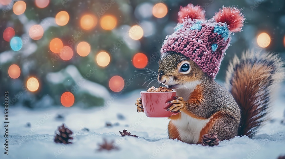 A cheerful cute squirrel in a knitted hat drinks cocoa from a cup against the background of a winter forest with fir trees, snow and colorful lights. Postcard for the New Year holidays A cheerful cute squirrel in a knitted hat drinks cocoa from a cup against the background of a winter forest with fir trees, snow and colorful lights. Postcard for the New Year holidays
