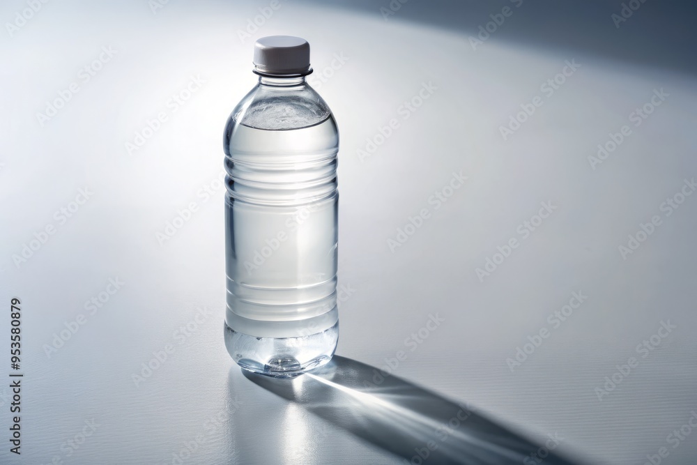 A clear transparent small water bottle with a screw-top lid sits on a white background, partially filled with A clear transparent small water bottle with a screw-top lid sits on a white background, partially filled with