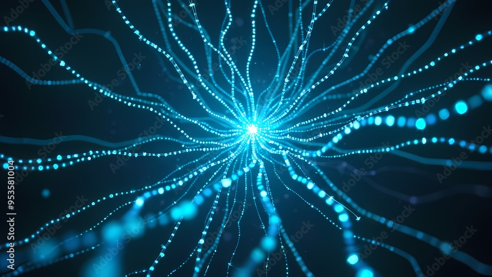 Fototapeta premium Complex Web of Blue and Teal Light Strands with Particles in Infinite Dark Space
