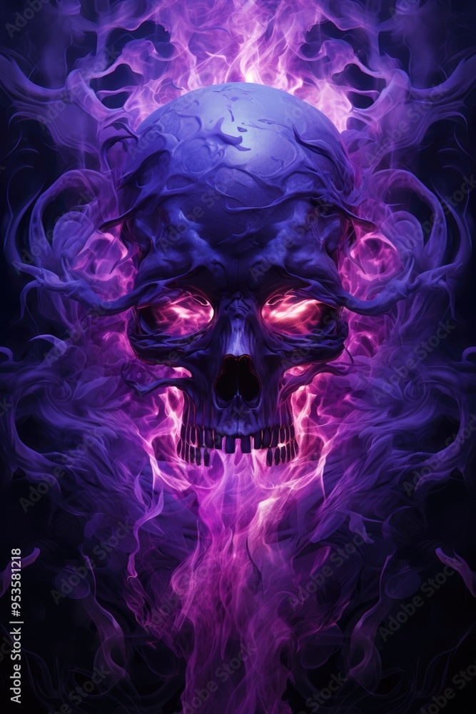 Evil menacing skull in purple smoke. Evil menacing skull in purple smoke.