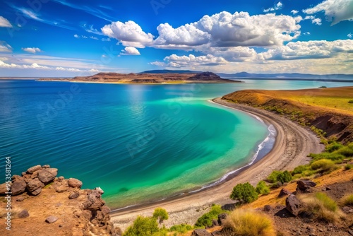 Lake Turkana, Kenya (A saline lake that has been shaped by wind erosion and deposition over time) in the afternoon highlighting the lake's varying shades of turquoise and blue