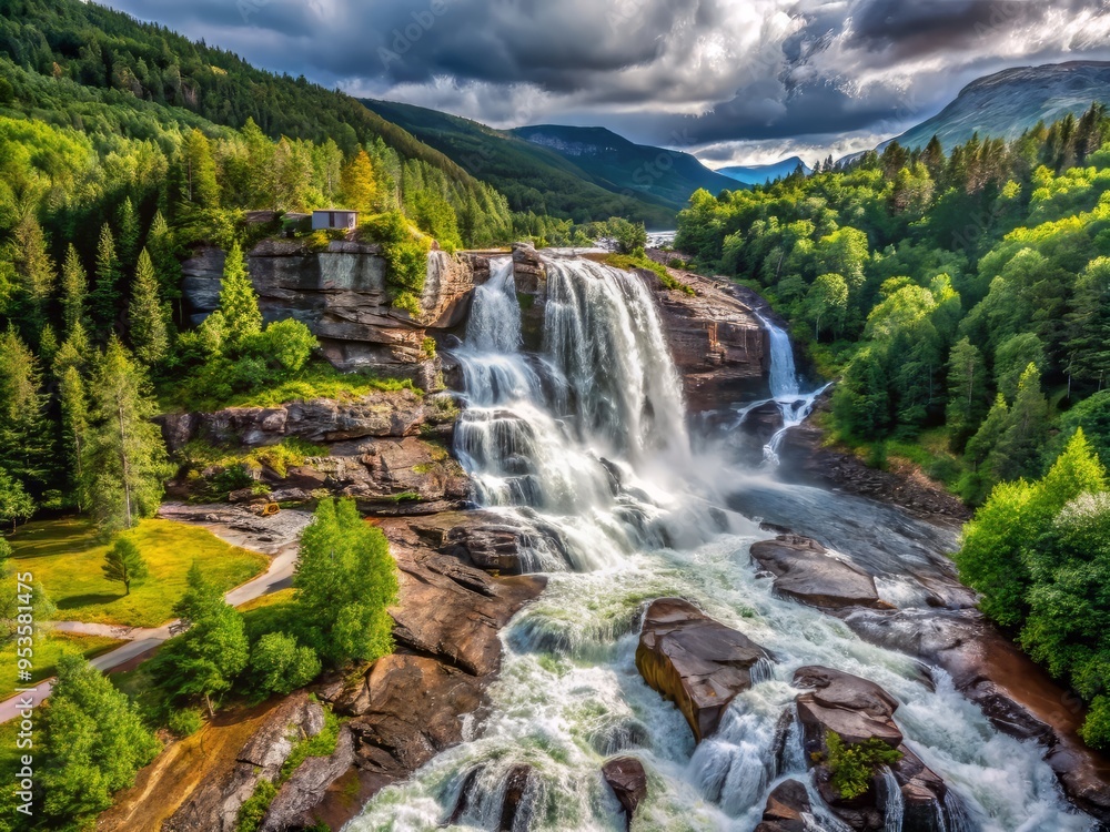 Fototapeta premium Rjukan Falls after the rain, photographed in a panoramic format, stretching the image wide and tall, taking in the vastness and majesty of the falls and the surrounding landscape.