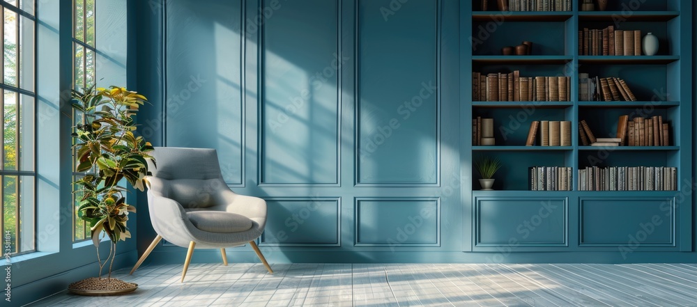 Room with chair, bookshelf, and potted plant