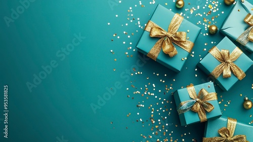 Wallpaper Mural A vibrant and inviting festive setting featuring gift boxes adorned with golden bows and a sprinkle of confetti, set on teal background Torontodigital.ca