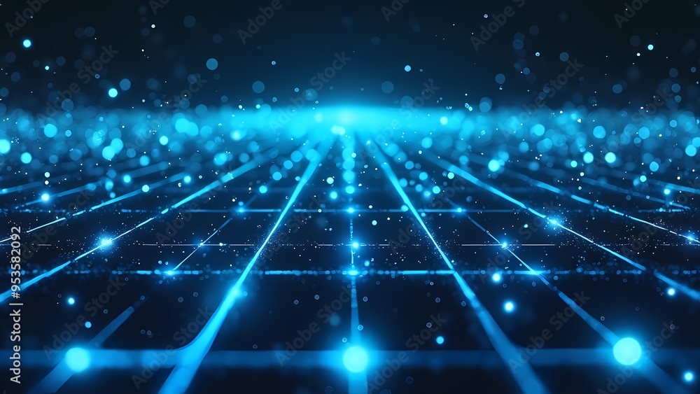 Futuristic Grid of Blue and Cyan Light Beams with Starry Particles in Dark Backdrop Futuristic Grid of Blue and Cyan Light Beams with Starry Particles in Dark Backdrop