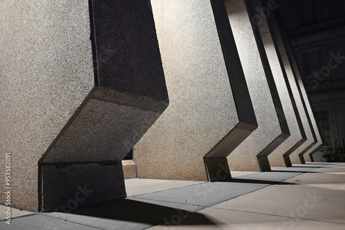 Brutalist architecture details of a building at night