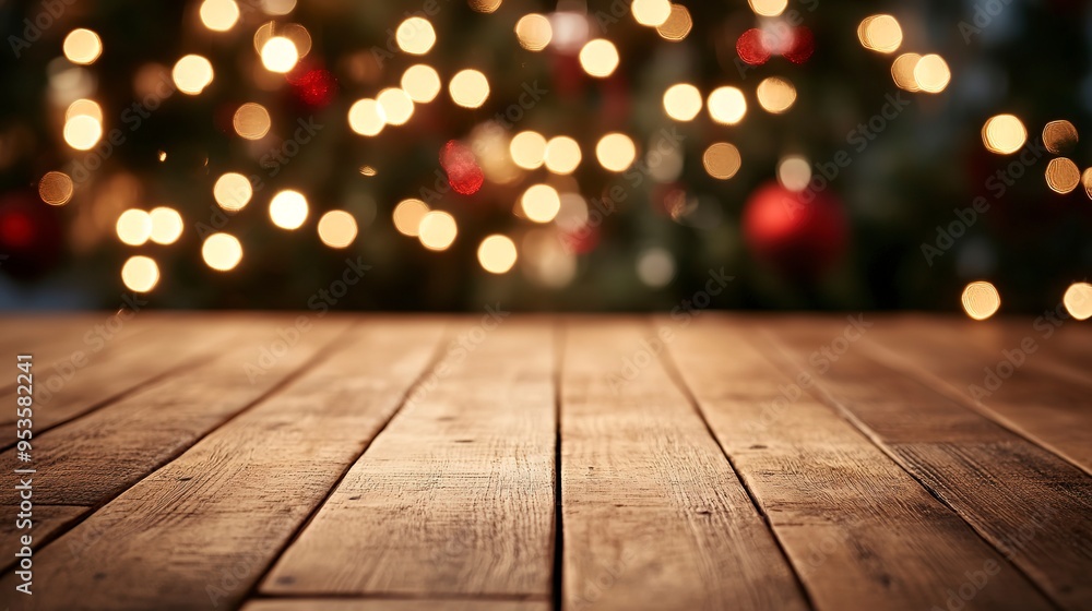 Empty wooden table with christmas theme in background Empty wooden table with christmas theme in background