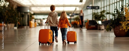 Parents and kids walking through an airport with luggage, heading to their Thanksgiving destination, with excitement on their faces, Thanksgiving travel adventures, airport journey