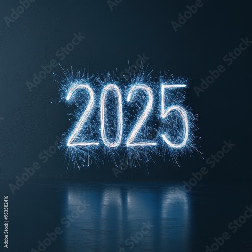 Blue Sparkler Light Painting Forming the Year 2025 in Dark Room.