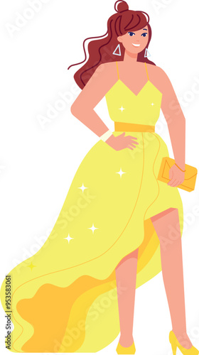Young woman in evening yellow dress. Posing model