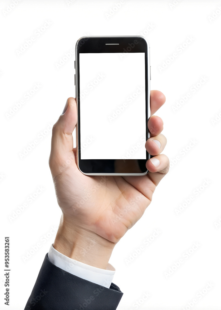 Hand holding mobile phone with blank white background. Blank background for your lettering and advertising Hand holding mobile phone with blank white background. Blank background for your lettering and advertising