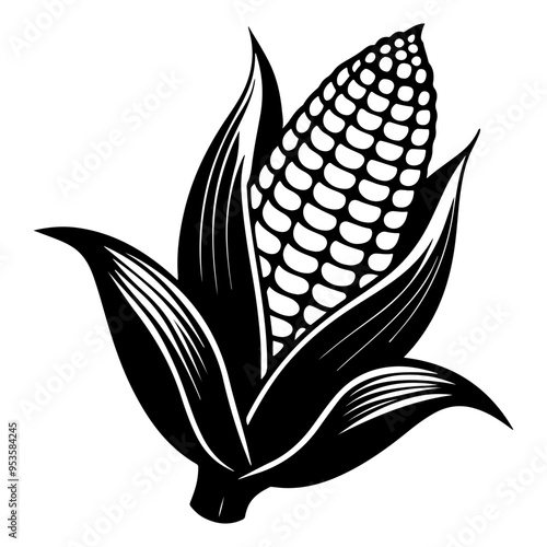 Black and white corn with leaves silhouette, corn food vegetable vector illustration, and corn icon.