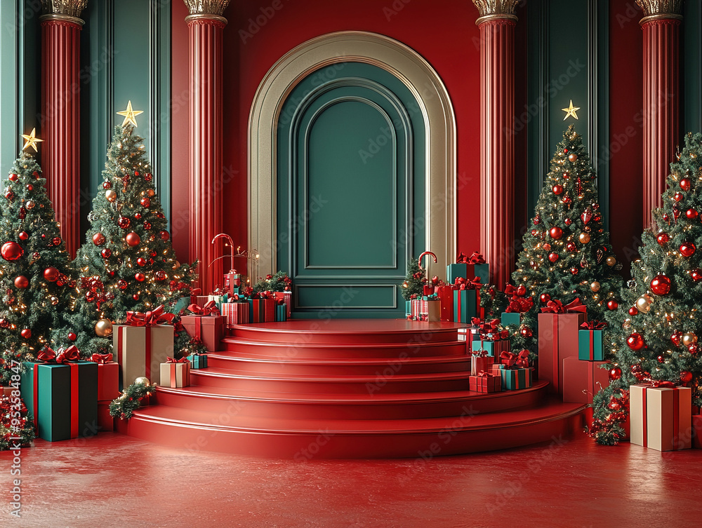 Central empty 3D podium surrounded by last-minute Christmas gifts with express delivery options. The scene includes holiday decor, wrapped presents, and a sense of urgency Central empty 3D podium surrounded by last-minute Christmas gifts with express delivery options. The scene includes holiday decor, wrapped presents, and a sense of urgency