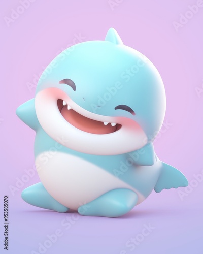 A cheerful, chubby cartoon shark character with a big smile on a purple background, depicted in 3D animation style photo