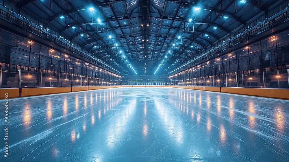Empty Ice Hockey Arena with Dramatic Lighting, Highlighting the Excitement of the Sport Empty Ice Hockey Arena with Dramatic Lighting, Highlighting the Excitement of the Sport