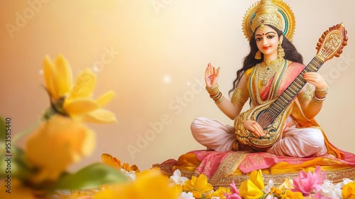 Divine Goddess Saraswati Artwork for Vasant Panchami Festival Representing Education Arts Learning and Sacred Hindu Tradition