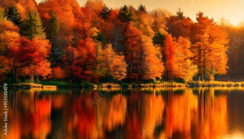 Trees reflected in the water in Autumn