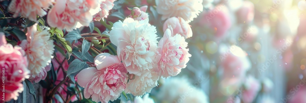 Lush Blooming Peonies in a Garden with Pink and White Petals in Full Bloom Lush Blooming Peonies in a Garden with Pink and White Petals in Full Bloom