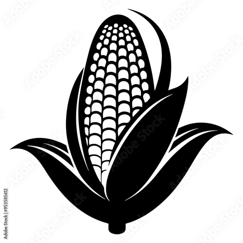 Black and white corn with leaves silhouette, corn food vegetable vector illustration, and corn icon.