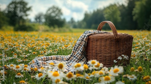 Empty Picnic Basket on Grass with Tablecloth on Meadow