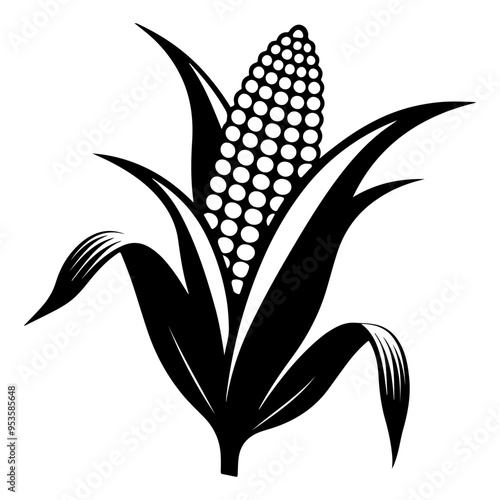 Black and white corn with leaves silhouette, corn food vegetable vector illustration, and corn icon.