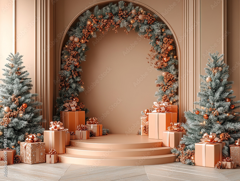 Central empty 3D podium surrounded by small Christmas gifts offered with purchases over a certain amount. festive wrapping and holiday decor. Warm brown and soft beige with touches of forest green Central empty 3D podium surrounded by small Christmas gifts offered with purchases over a certain amount. festive wrapping and holiday decor. Warm brown and soft beige with touches of forest green