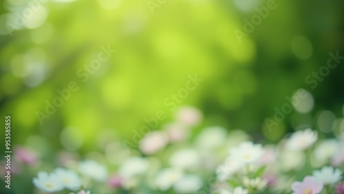 Blurry background of green leaves and white flowers