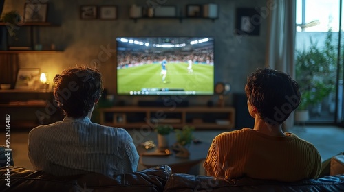 Two friends watching a football match on TV in a cozy living room