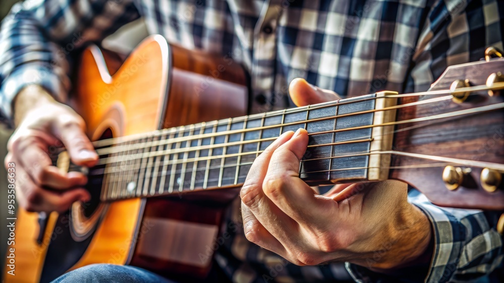Obraz premium A close-up of a musician's hand pressing a combination of strings on a guitar fretboard, forming a complex