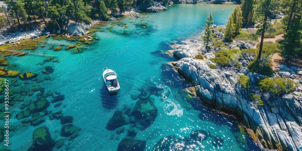 Obraz premium Boat cruising on lake tahoe with mountain views