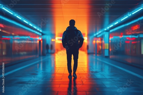 A lone man walks through a neon-lit, futuristic urban tunnel.