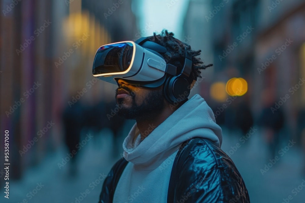 Person experiencing virtual reality with a headset on a crowded street Person experiencing virtual reality with a headset on a crowded street